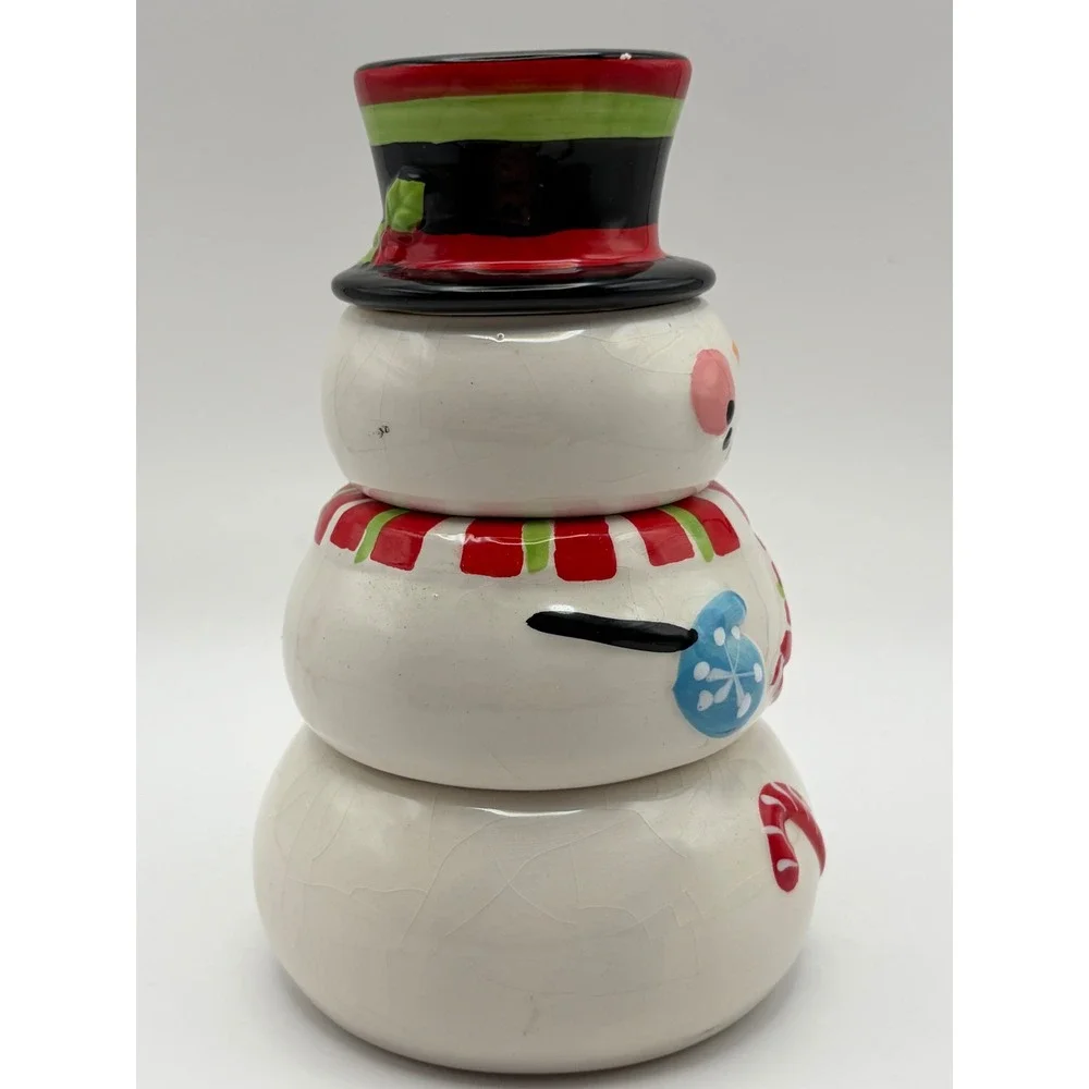 Pier 1 Stacking Ceramic Snowman Measuring Cups Christmas Candy Snack Bowls Set